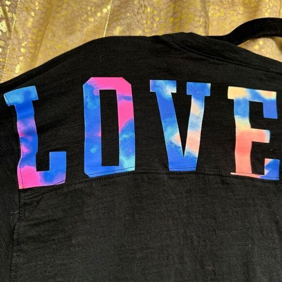 PINK Victorias Secret Black 3/4 Sleeve Watercolor Logo Shirt Small - Picture 3 of 6